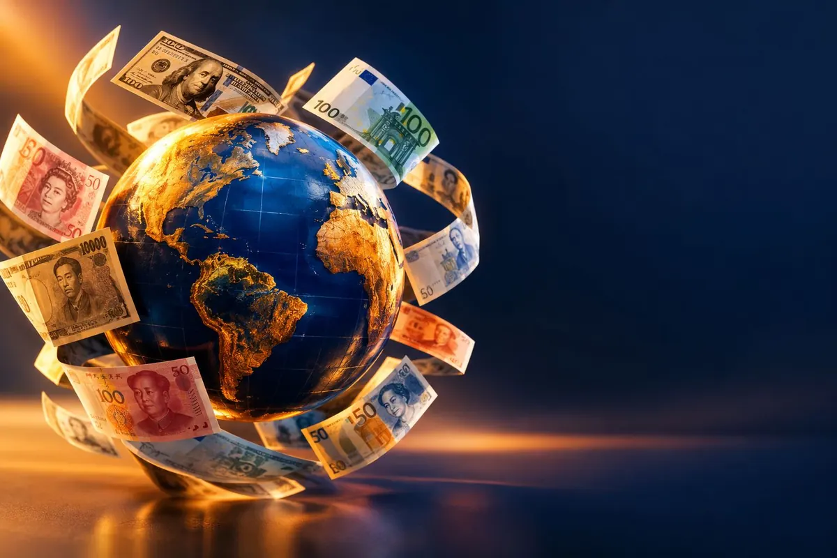 Bola dunia dikelilingi lembaran uang kertas berbagai negara, lambang broker yang beroperasi lintas yurisdiksi